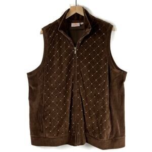 QUAKER FACTORY Velour Rhinestone Studded Zip-Up Quilted Vest Brown Plus Size 2X